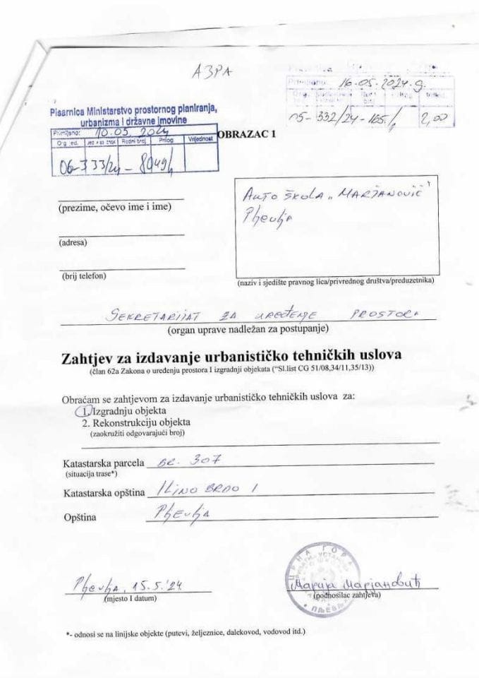 Zahtjevi za izdavanje urbanističko tehničkih uslova - 06_333_24_8049_1 AUTO-SKOLA MARJANOVIC