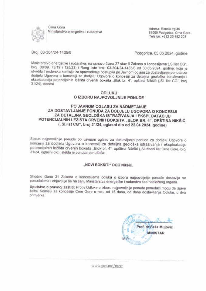 Odluka o izboru najpovoljnije ponude BLOK BR. 4 opština Niksic