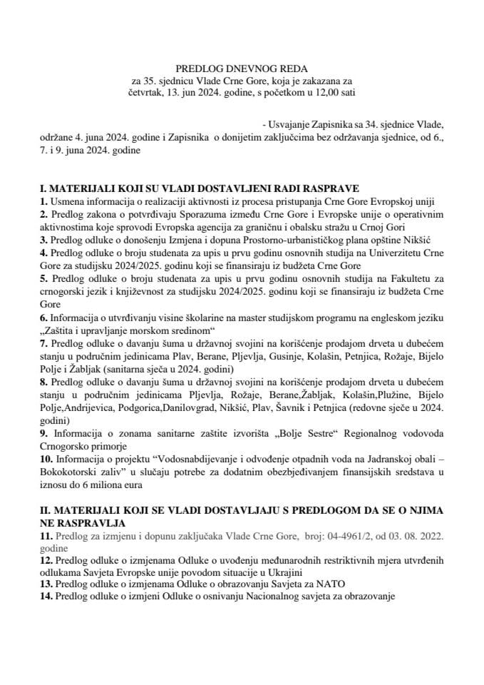 Предлог дневног реда за 35. сједницу Владе Црне Горе