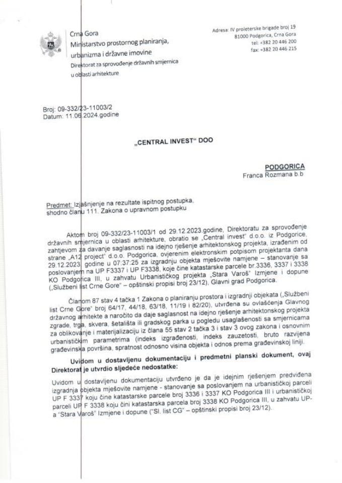 Obavještenja - Saglasnosti glavnog državnog arhitekte - 11.06.2024 Obavještenje -CENTRAL INVEST DOO, Podgorica -Glavni grad Podgorica