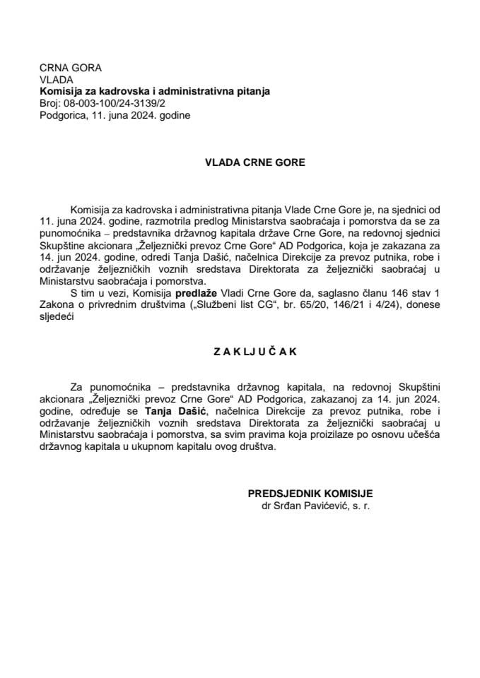 Predlog za određivanje punomoćnika - predstavnika državnog kapitala na redovnoj Skupštini akcionara AD ,,Željeznički prevoz Crne Gore" Podgorica