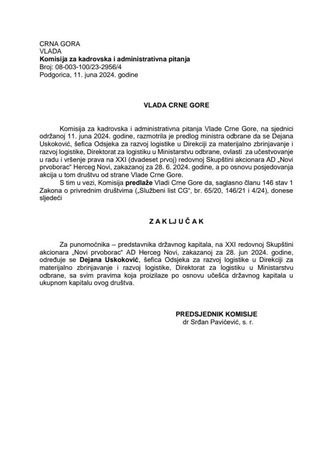 Predlog za određivanje punomoćnika - predstavnika državnog kapitala na XXI redovnoj Skupštini akcionara "Novi Prvoborac" AD Herceg Novi