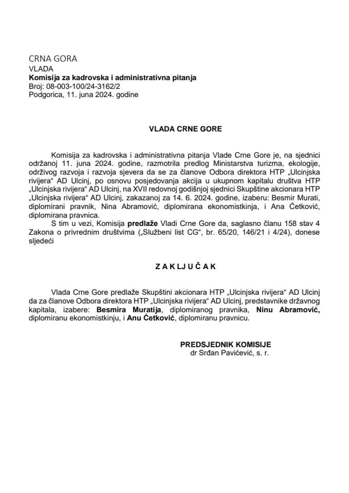 Predlog za izbor članova Odbora direktora HTP "Ulcinjska rivijera" AD Ulcinj