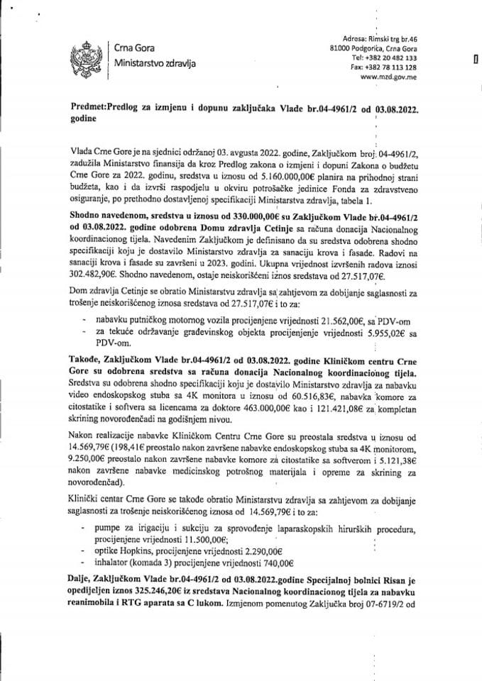 Predlog za izmjenu i dopunu zaključaka Vlade Crne Gore, broj: 04-4961/2, od 03. 08. 2022. godine