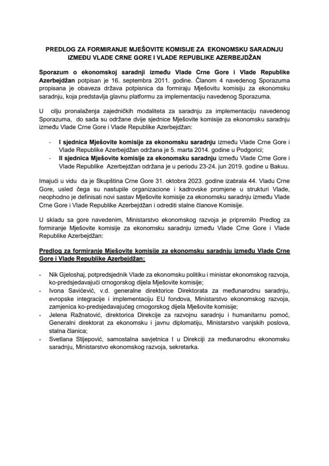 Predlog za formiranje Mješovite komisije za ekonomsku saradnju između Vlade Crne Gore i Vlade Republike Azerbejdžan