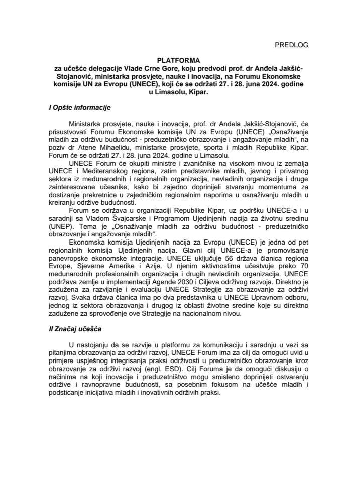 Predlog platforme za učešće delegacije Vlade Crne Gore, koju predvodi prof.dr Anđela Jakšić-Stojanović, ministarka prosvjete, nauke i inovacija, na Forumu Ekonomske komisije UN za Evropu (UNECE)