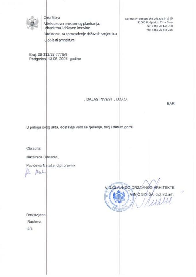 Rješenja glavnog državnog arhitekte - 13.06.2024 Rješenje -DALLAS INVEST DOO, Podgorica -Opšina Bar