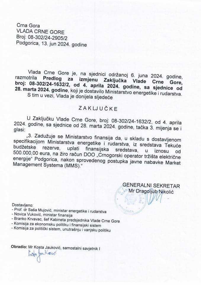 Predlog za izmjenu Zaključka Vlade Crne Gore, broj: 08-302/24-1632/2, od 4. aprila 2024. godine, sa sjednice od 28. marta 2024. godine - zaključci