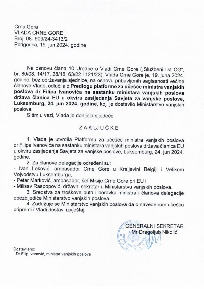 Predlog platforme za učešće ministra vanjskih poslova dr Filipa Ivanovića na sastanku ministara vanjskih poslova država članica EU u okviru zasijedanja Savjeta za vanjske poslove, Luksemburg, 24. jun 2024. godine - zaključci