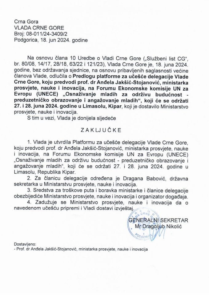 Predlog platforme za učešće delegacije Vlade Crne Gore, koju predvodi prof.dr Anđela Jakšić-Stojanović, ministarka prosvjete, nauke i inovacija, na Forumu Ekonomske komisije UN za Evropu (UNECE) - zaključci