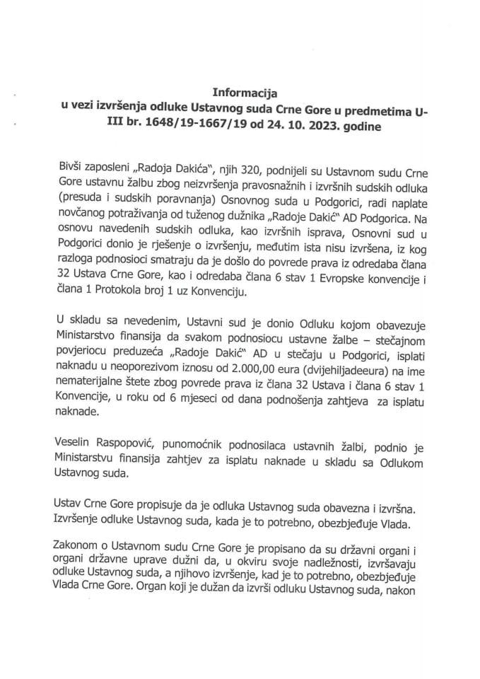 Информација у вези извршења одлуке Уставног суда Црне Горе у предметима U-III бр. 1648/19 -1667/19, од 24. 10. 2023. године