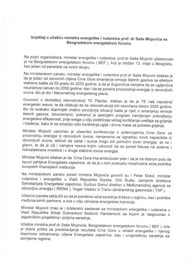 Izvještaj o učešću ministra energetike i rudarstva prof. dr Saše Mujovića na Beogradskom energetskom forumu koji je održan 13. maja 2024. godine, u Beogradu, Republika Srbija