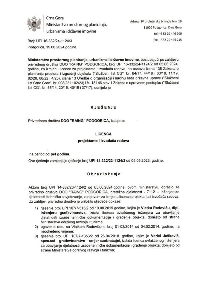 Licence projektanata i izvođača radova - UPI 14-332-23-1124-3 RAING DOO