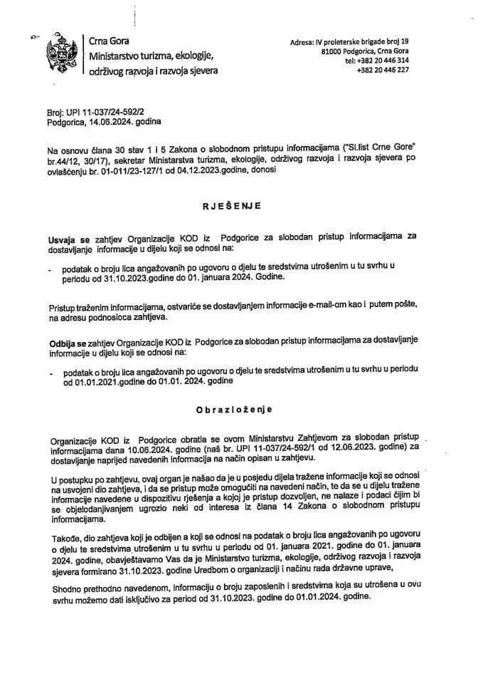 Zahtjev-Slobodan pristup informacijama-UPI 11-037-24-592-2 Organizacija KOD iz Podgorice