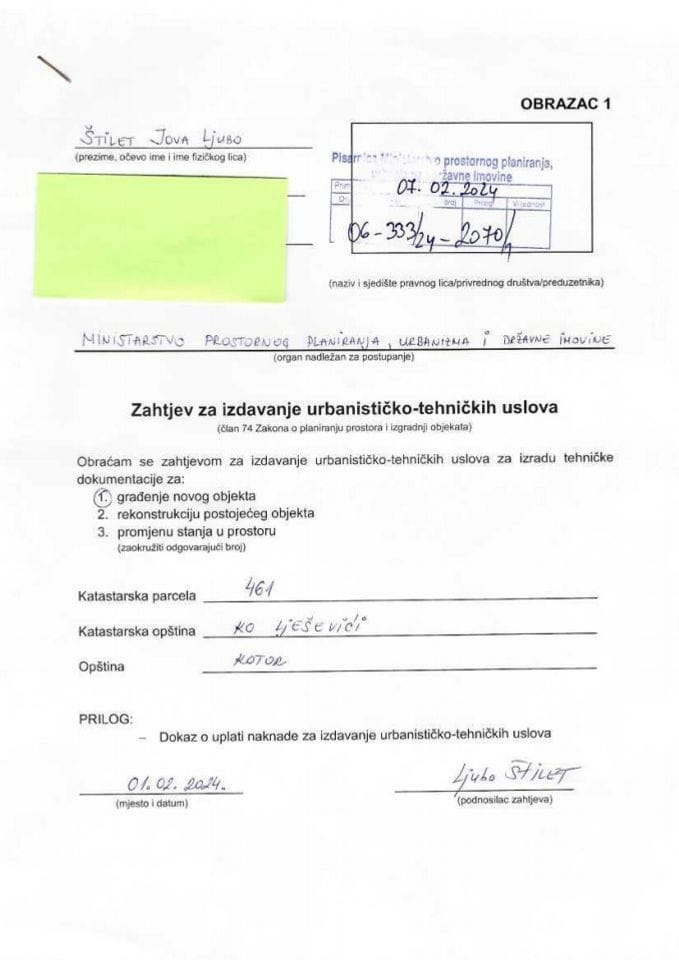Zahtjevi za izdavanje urbanističko tehničkih uslova - 06_333_24_2070_1 Štilet Ljubo