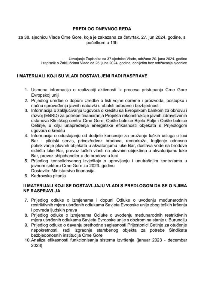 Предлог дневног реда за 38. сједницу Владе Црне Горе