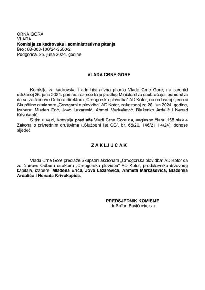 Prijedlog za izbor članova Odbora direktora „Crnogorska plovidba” AD Kotor