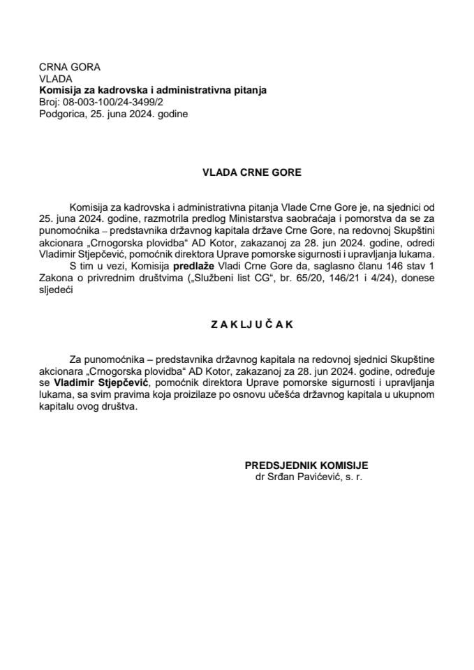 Prijedlog za određivanje punomoćnika - predstavnika državnog kapitala na redovnoj Skupštini akcionara „Crnogorska plovidba” AD Kotor