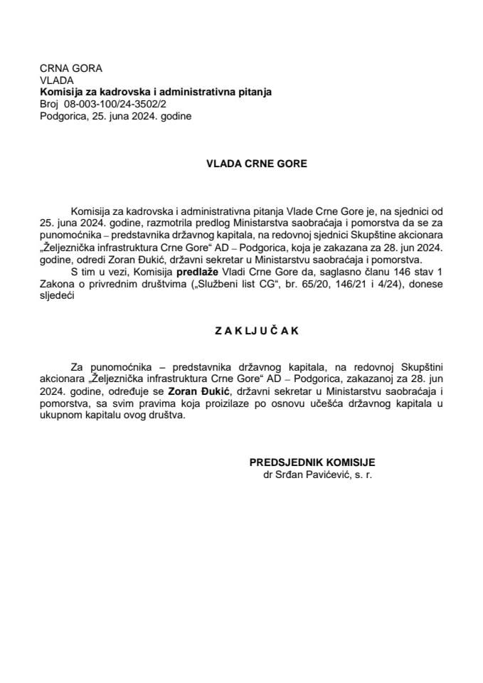 Prijedlog za određivanje punomoćnika - predstavnika državnog kapitala na redovnoj Skupštini akcionara „Željeznička infrastuktura Crne Gore” AD Podgorica