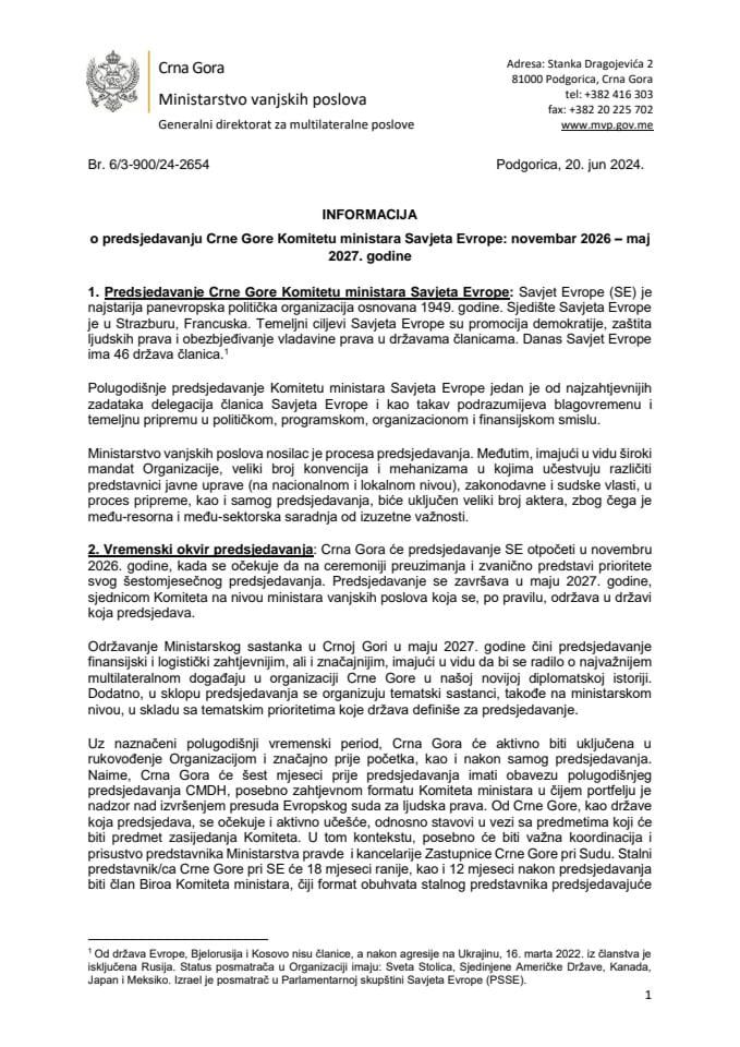 Informacija o predsjedavanju Crne Gore Komitetu ministara Savjeta Evrope: novembar 2026 - maj 2027. godine