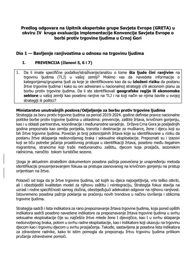 Приједлог одговора на Упитник експертске групе Савјета Европе (GRETA) у оквиру IV круга евалуације имплементације Конвенције Савјета Европе о борби против трговине људима у Црној Гори