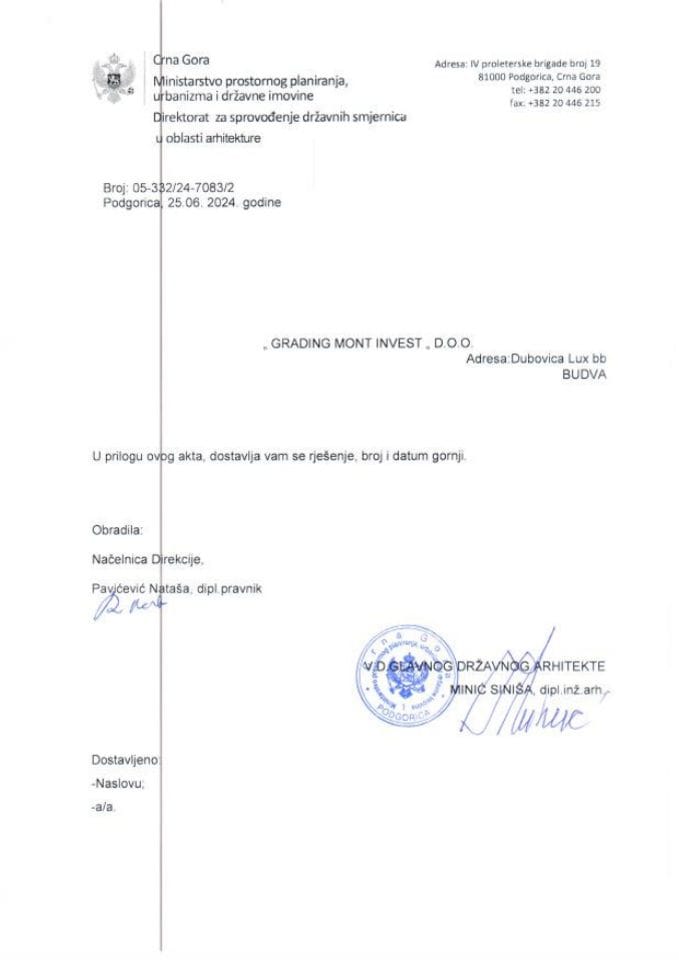 Rješenja glavnog državnog arhitekte - 25.06.2024 Rješenje  -GRADING MONT INVEST DOO, Budva -Opština Kolašin