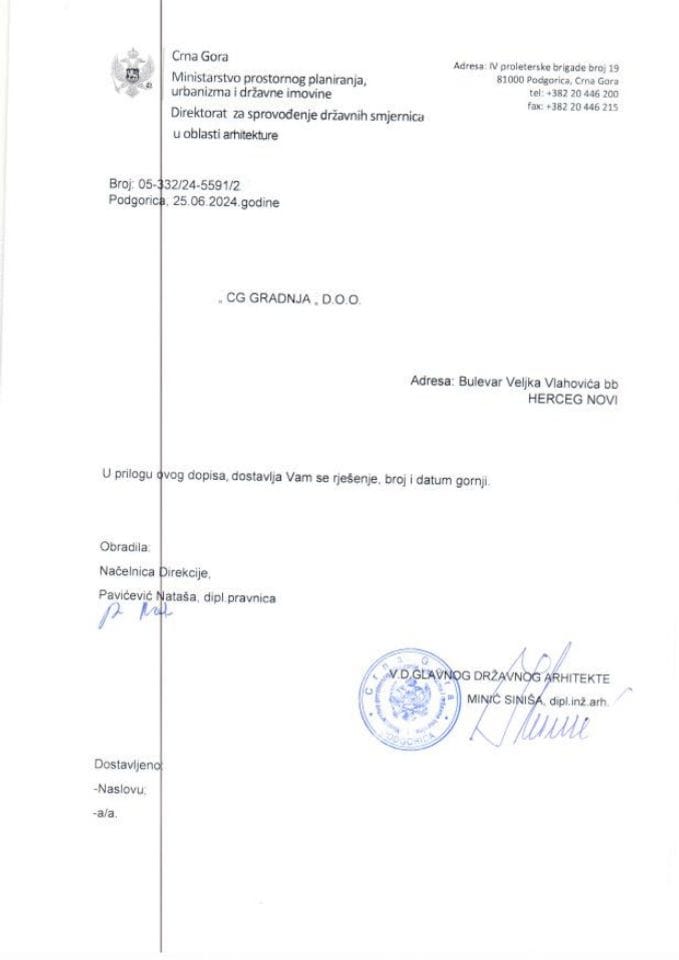 Rješenja glavnog državnog arhitekte - 25.06.2024 Rješenje -CG GRADNJA DOO, Podgorica -Glavni grad Podgorica