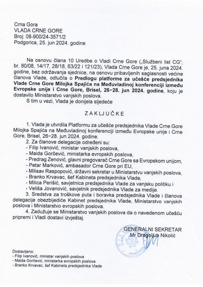 Predlog platforme za učešće predsjednika Vlade Crne Gore Milojka Spajića na Međuvladinoj konferenciji između Evropske unije i Crne Gore, Brisel, 26−28. jun 2024. godine - zaključci