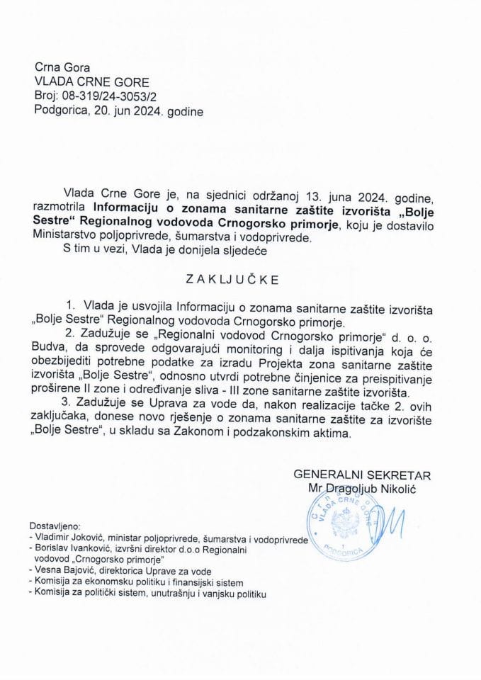 Informacija o zonama sanitarne zaštite izvorišta „Bolje Sestre“ Regionalnog vodovoda Crnogorsko primorje - zaključci