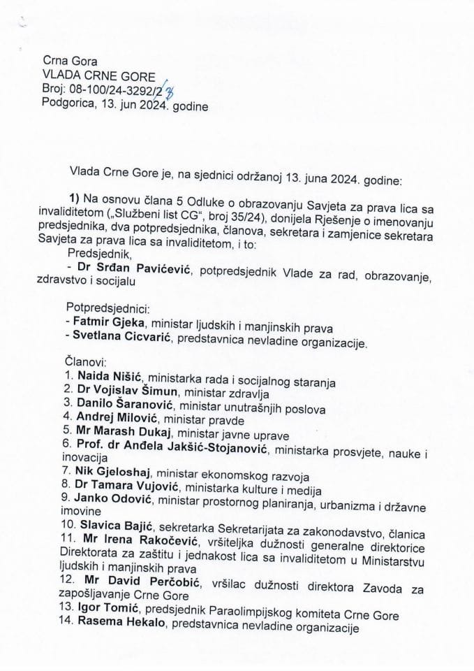 Kadrovska pitanja - 35. sjednica Vlade Crne Gore - zaključci