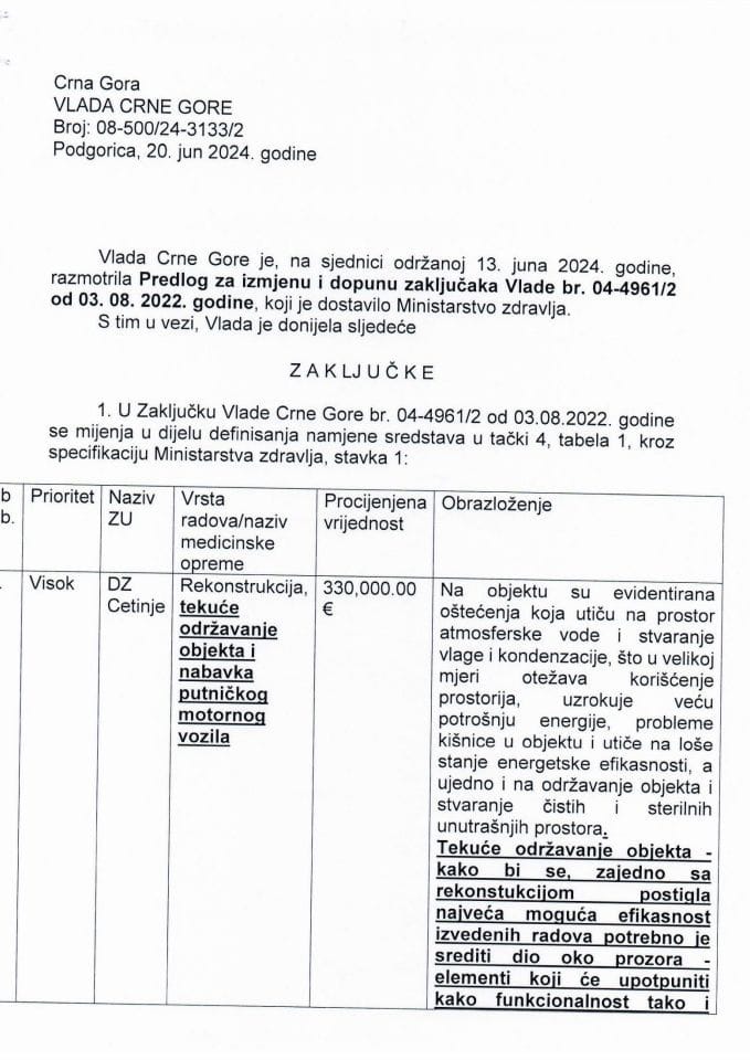 Predlog za izmjenu i dopunu zaključaka Vlade Crne Gore, broj: 04-4961/2, od 03. 08. 2022. godine - zaključci