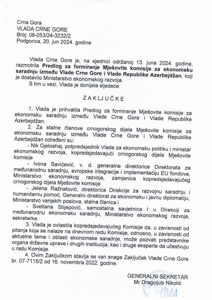 Predlog za formiranje Mješovite komisije za ekonomsku saradnju između Vlade Crne Gore i Vlade Republike Azerbejdžan - zaključci
