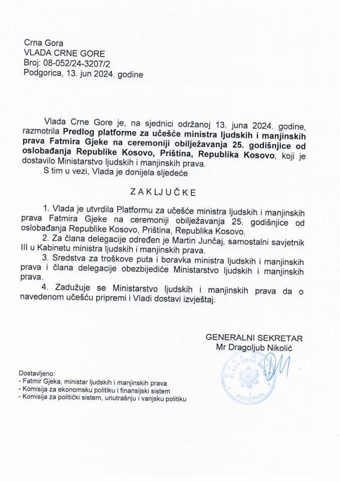 Predlog platforme za posjetu ministra ljudskih i manjinskih prava, Fatmira Gjeke, Republici Kosovo, Priština - zaključci