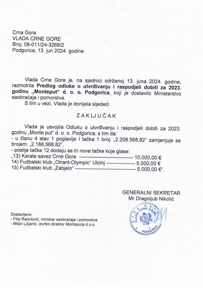 Predlog Odluke o utvrđivanju i raspodjeli dobiti za 2023. godinu ,,Monteput'' d.o.o. Podgorica - zaključci