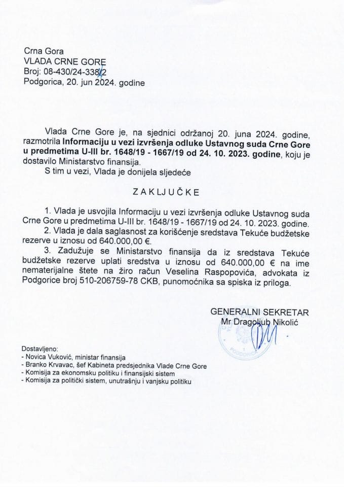 Informacija u vezi izvršenja odluke Ustavnog suda Crne Gore u predmetima U-III br. 1648/19 -1667/19, od 24. 10. 2023. godine - zaključci