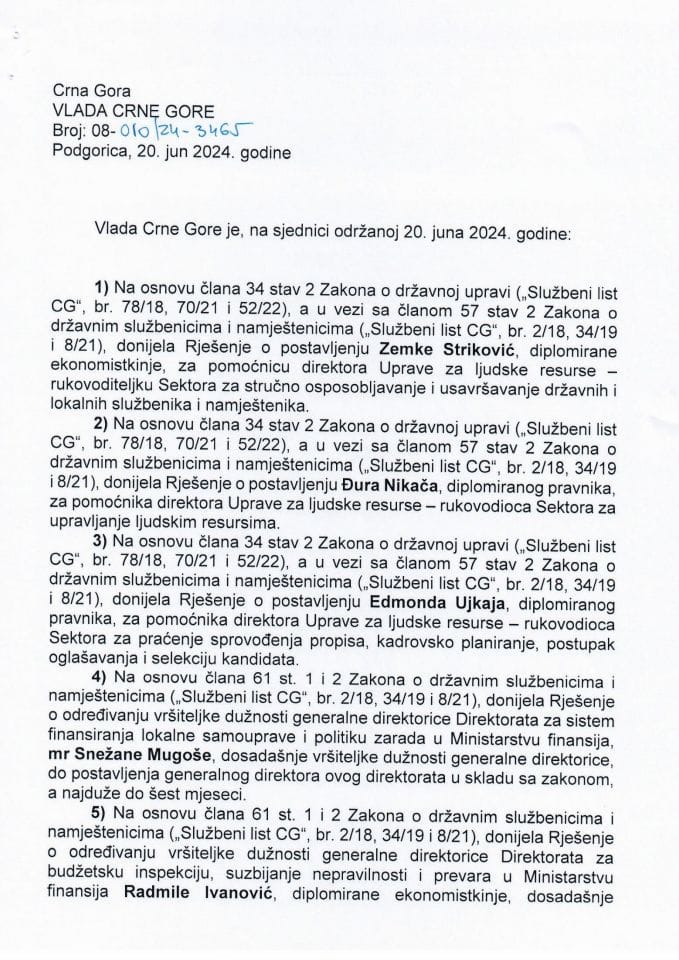 Kadrovska pitanja sa 37. sjednice Vlade Crne Gore - zaključci