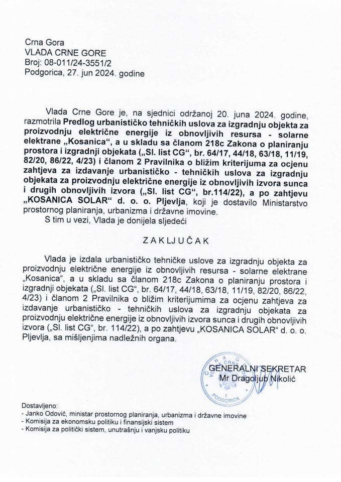 Predlog urbanističko tehničkih uslova za izradu tehničke dokumentacije za izgradnju objekta za proizvodnju električne energije iz obnovljivih resursa - solarne elekrane „Kosanica“, a u skladu sa članom 218c Zakona o planiranju prostora - zaključci