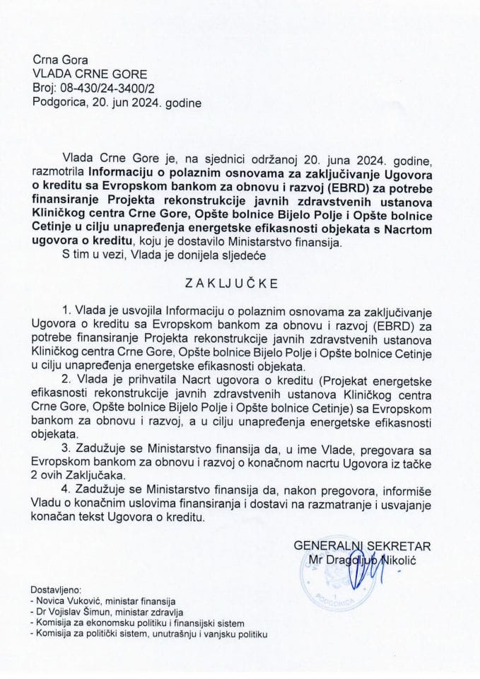 Informacija o polaznim osnovama za zaključivanje Ugovora o kreditu sa Evropskom bankom za obnovu i razvoj (EBRD) za potrebe finansiranje Projekta rekonstrukcije javnih zdravstvenih ustanova Kliničkog centra Crne Gore - zaključci