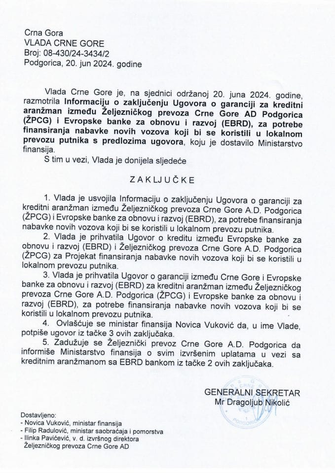 Informacija o zaključenju Ugovora o garanciji za kreditni aranžman između Željezničkog prevoza Crne Gore AD Podgorica (ŽPCG) i Evropske banke za obnovu i razvoj - zaključci