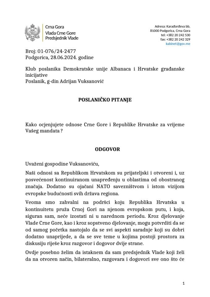 Premijerski sat: Odgovor predsjednika Vlade Milojka Spajića na poslaničko pitanje Adrijana Vuksanovića