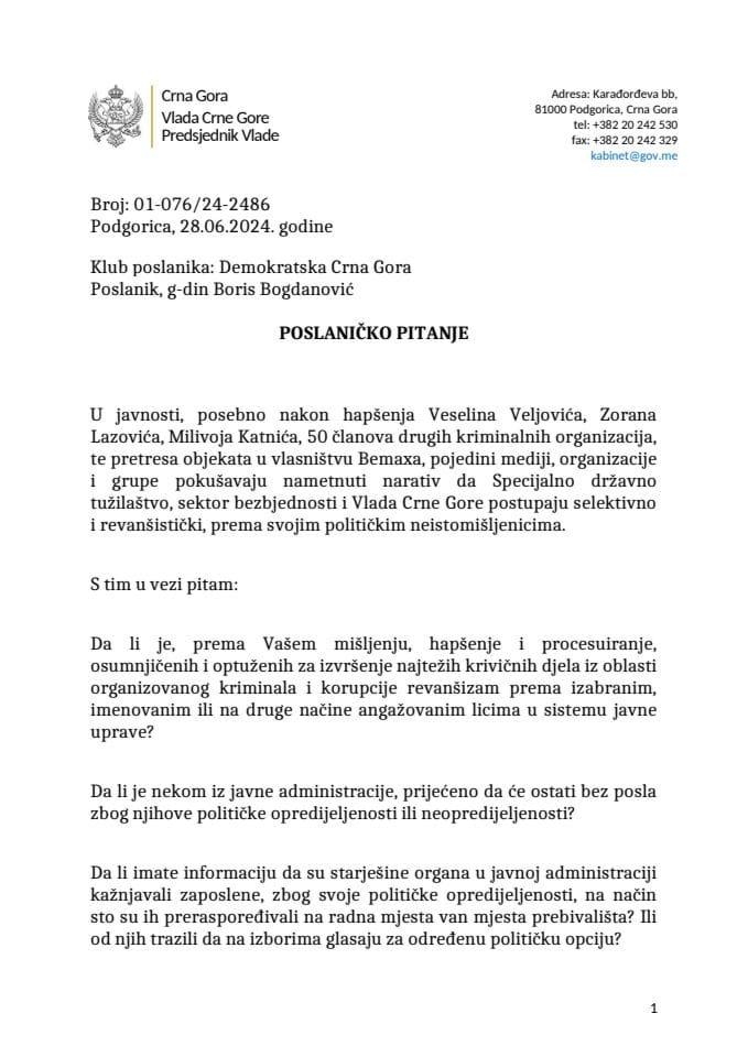 Premijerski sat: Odgovor predsjednika Vlade Milojka Spajića na poslaničko pitanje Borisa Bogdanovića