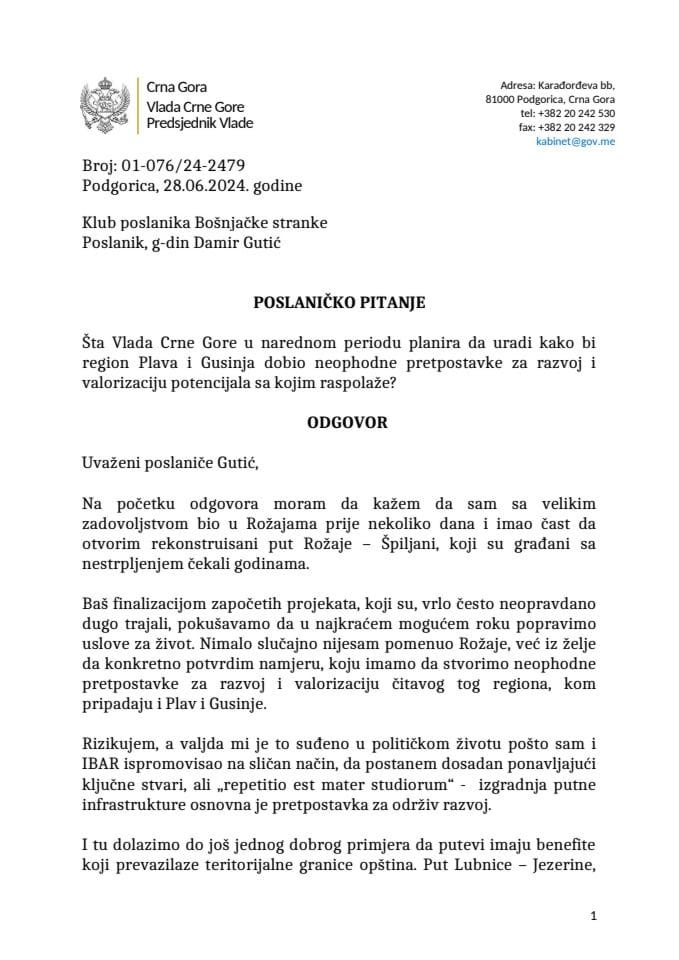 Premijerski sat: Odgovor predsjednika Vlade Milojka Spajića na poslaničko pitanje Damira Gutića