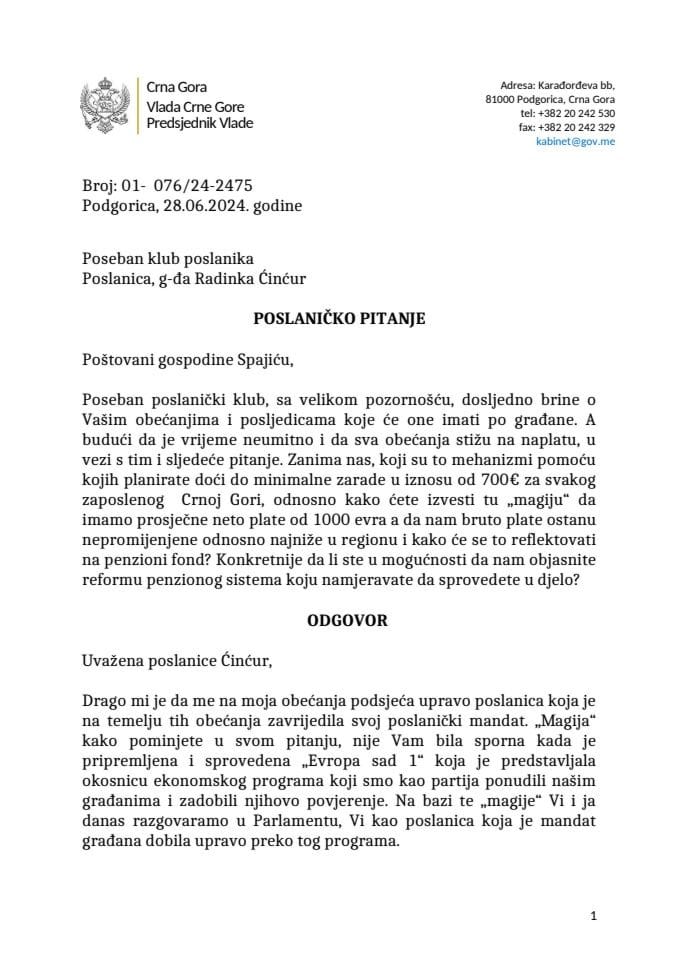 Premijerski sat: Odgovor predsjednika Vlade Milojka Spajića na poslaničko pitanje Radinke Ćinćur