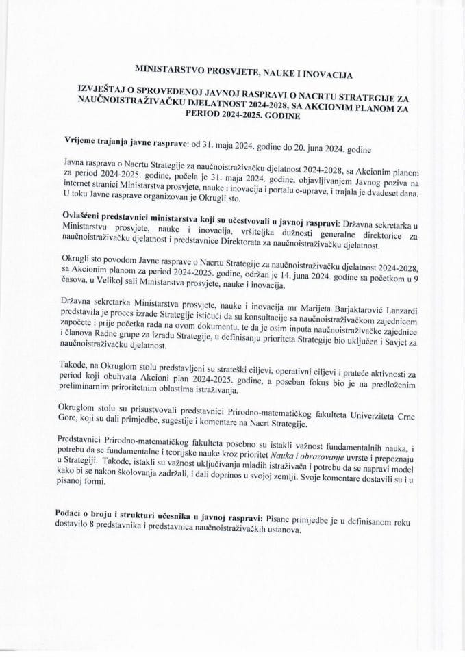 Извјештај о спроведеној јавној расправи о Нацрту стратегије за НИД 2024-2028 са Акционим планом за период 2024-2025. године