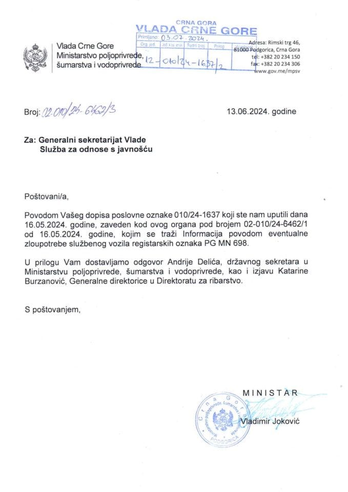 Одговор Министарство пољопривреде, шумарства и водопривреде о злоупотреби службеног возила ПГ МН 698