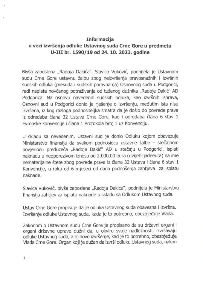 Информација у вези извршења одлуке Уставног суда Црне Горе у предмету U-III бр. 1590/19 од 24.10.2023. године