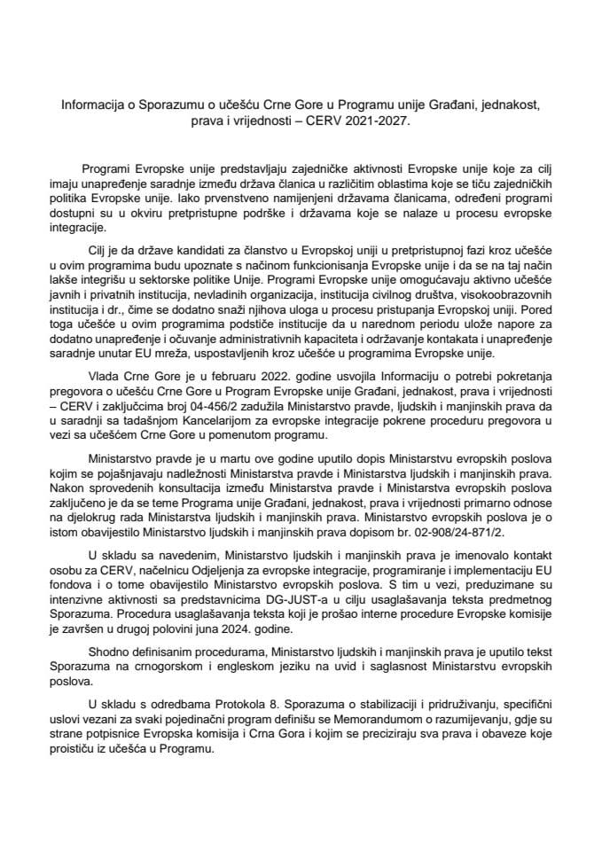 Informacija o Sporazumu o učešću Crne Gore u Programu Unije Građani, jednakost, prava i vrijednosti – CERV 2021 – 2027. s Predlogom sporazuma