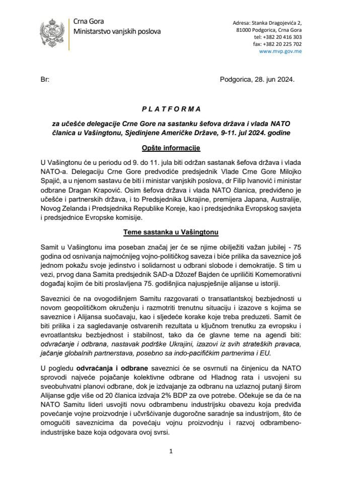 Predlog platforme za učešće delegacije Crne Gore na sastanku šefova država i vlada NATO članica u Vašingtonu, Sjedinjene Američke Države, 9-11. jul 2024. godine