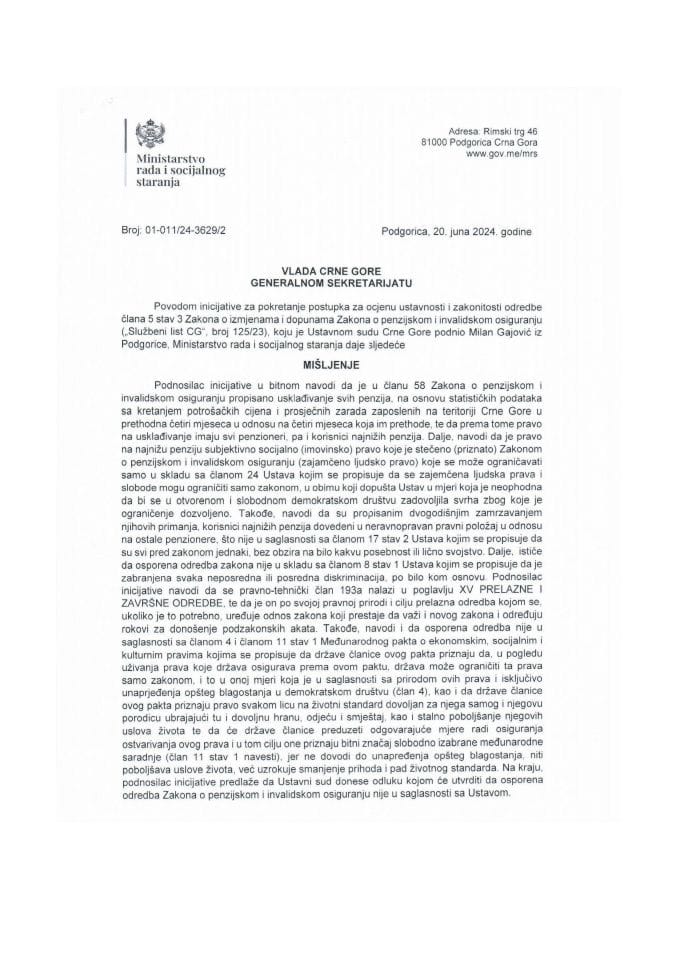 Predlog mišljenja na Inicijativu za pokretanje postupka za ocjenu ustavnosti odredbe člana 5 stav 3 Zakona o izmjenama i dopunama Zakona o penzijskom i invalidskom osiguranju („Službeni list CG“, br. 125/23), koju je podnio Milan Gajović, iz Podgorice