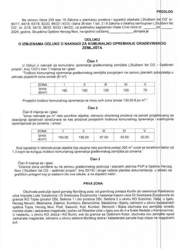 Predlog odluke o izmjenama Odluke o naknadi za komunalno opremanje građevinskog zemljišta Opštine Herceg Novi
